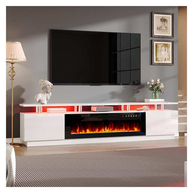 AMERLIFE Fireplace TV Stand with 50" Fireplace, 90" LED Entertainment Center for 100" TVs, White&Black
