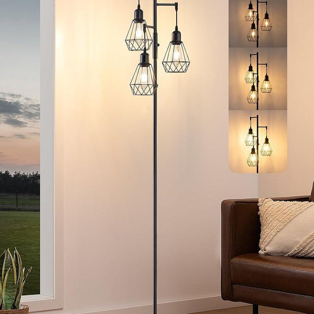 EDISHINE 70IN Farmhouse Floor Lamps for Living Room, Dimmable Industrial Tall Standing Lamps 3 LED Edison Bulbs Included, Diamond-Shaped Cage, Rustic Tree Corner Light for Bedroom, Office, Black