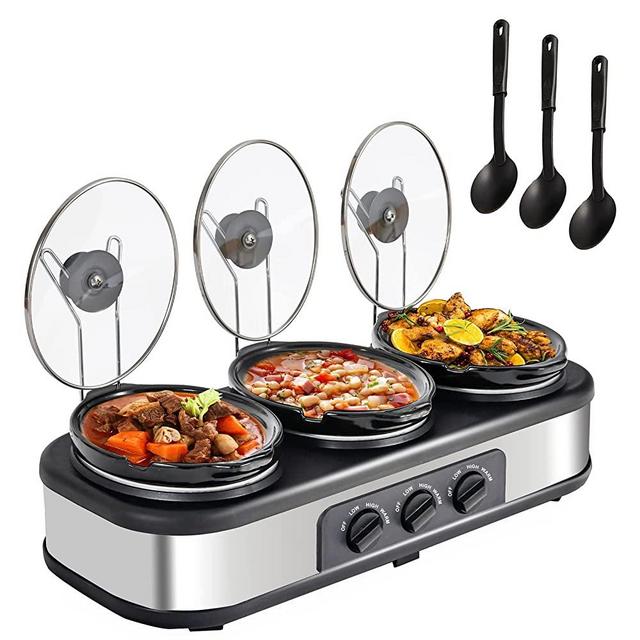 Triple Slow Cooker, 3 X 1.25QT Mini Individual Pots with Adjustable Temp, Dishwasher Safe, Portable Buffet Server and Warmer, Safe Ceramic Pots & Glass Lid, Stainless Steel