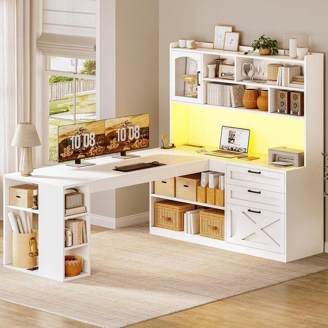 SEDETA Farmhouse L Shaped Office Desk with Drawers, 61” Computer Desk with Storage Shelves and Power Outlet, Corner Gaming Desk with LED Light and Display Cabinet for Home Office (White)