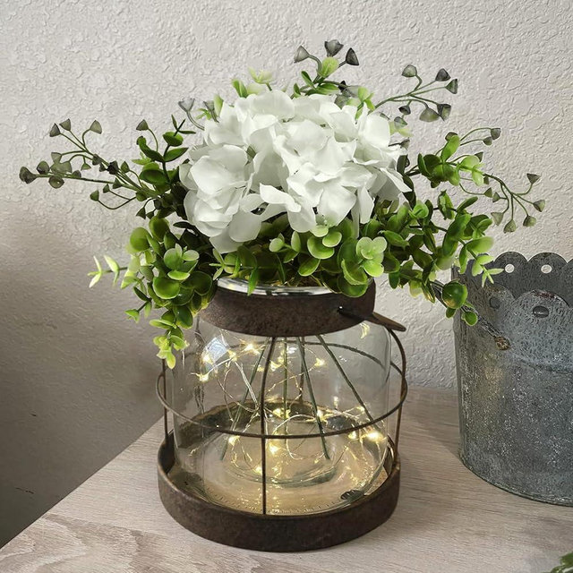 Farmhouse Glass Lantern Vase Vintage Flower Vases with Plants Hydrangea Lights Rustic Floral Arrangement Centerpieces Home Decor Hostess Housewarming Gift