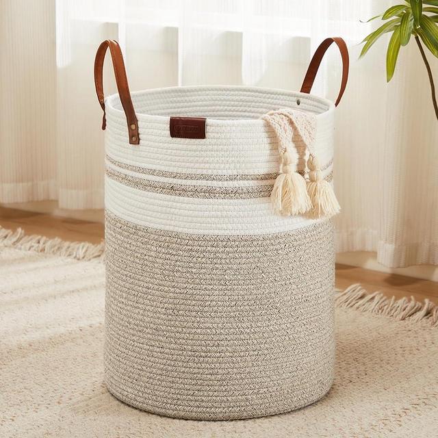 YOUDENOVA Large Cotton Rope Laundry Hamper Basket, Woven Clothes Hamper for Living Room, Bedroom, Laundry Room (Brown & White, 58L)