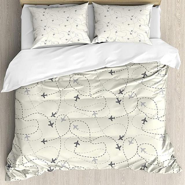 Grey Luxury Soft 4 Pieces Bedding Sets, Airline Route Map Flight Jet Destination Control Fly Theme Textured Travel Trip Journey, Decorative Bedspread Duvet Cover Set, Beige