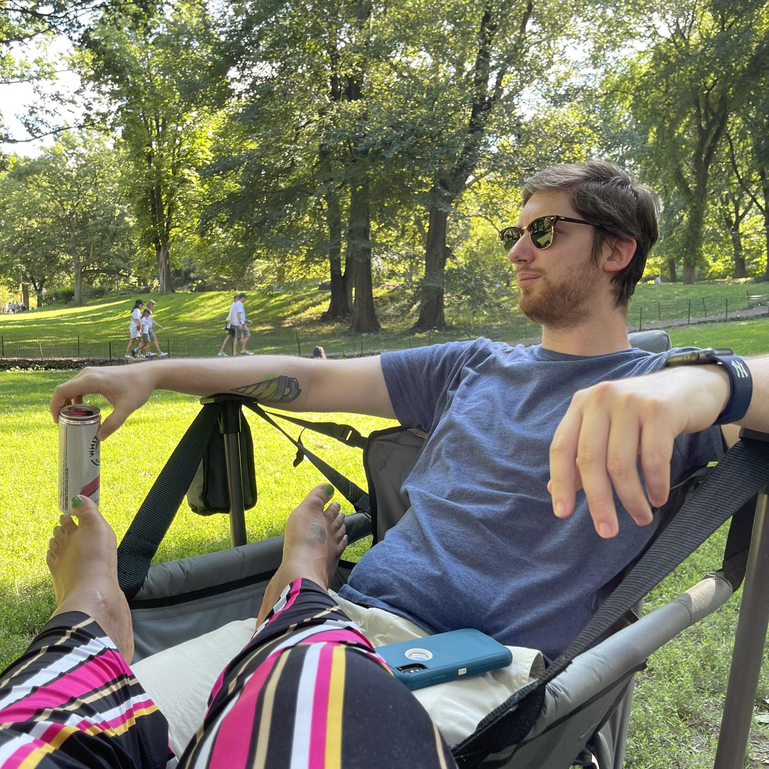Lounging by our apartment in Central Park.
