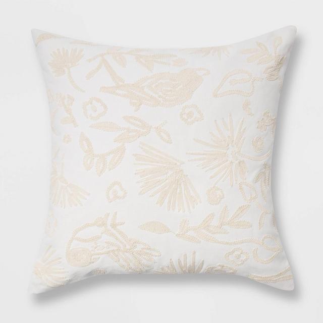 Oversize Embroidered Bird and Botanical Pattern Square Throw Pillow White - Opalhouse™