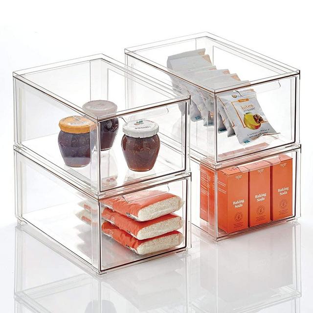 mDesign Plastic Stackable Kitchen Storage Box with Pull-Out Drawer - Container for Kitchen, Pantry, Cabinet, Fridge/Freezer - Organizing Snacks, Produce, Vegetables, Pasta Food - 4 Pack - Clear