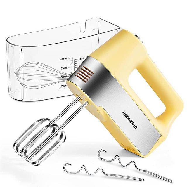 REDMOND Electric Hand Mixer, 5-Speed Hand Mixer with Measuring Storage Case, Kitchen Handheld Mixer Includes Dough Hooks, Whisk and Beaters for Cream, Cake, Cookies, Eggs 250W Hand Mixer with Measuring Box, HM018 Yellow