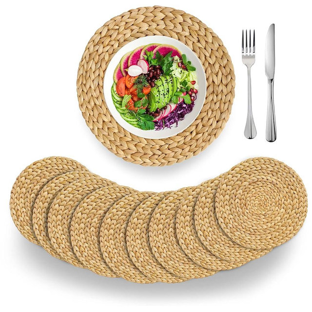 (4 Sizes: 12"-13"-14"-15") BARIEN Woven Placemats Round Set of 10, Natural Water Hyacinth Weave Placemat for Dining Table, Large Handmade Woven Placemats Heat Resistant Non-Slip (14" - Set of 10)