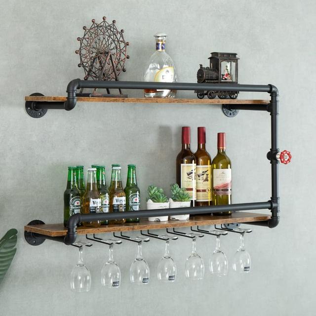 BOTAOYIYI Wine Rack Wall Mounted 2 Tier, Hanging Floating Bar Liquor Shelves with Glass Holder Storage Under, Industrial Rustic Pipe Farmhouse Kitchen Decor Black(35.4x10.6x19.7)