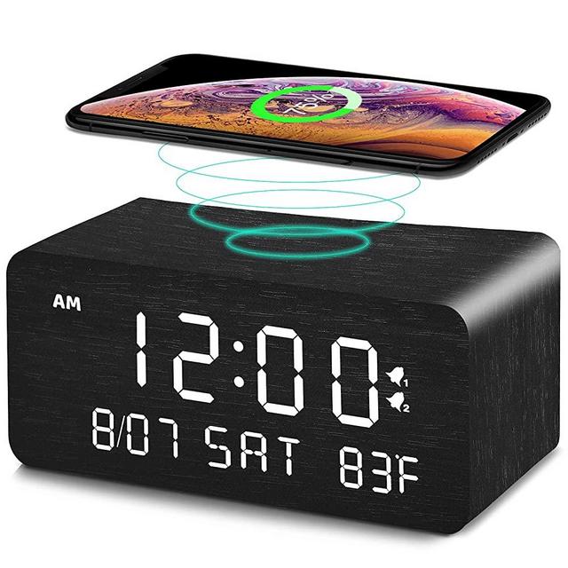 Andoolex Wooden Digital Alarm Clock with Wireless Charging, 0-100% Adjustable Brightness Dimmer and Alarm Volume, Weekday /Weekend Mode, Dual Alarm, Snooze, 12/24H, Wood LED Clock for Bedroom (Black)