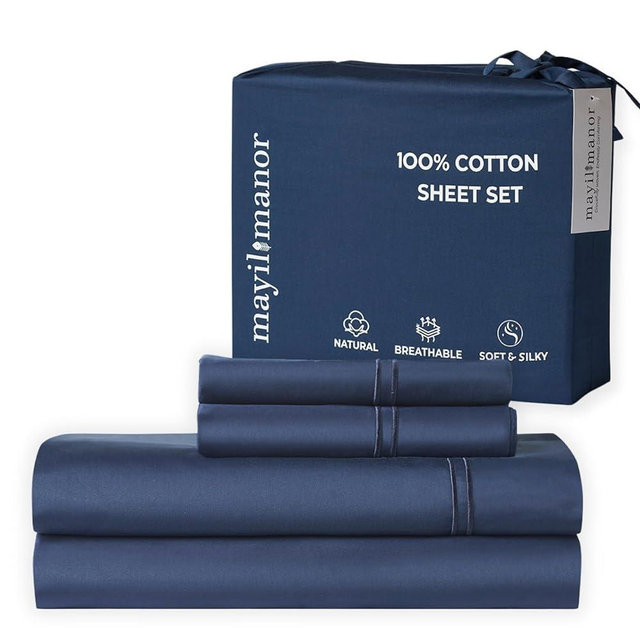 MAYIL MANOR 100% Natural Cotton Sheets Queen Size Bed Set | 500 TC Single-Ply Sateen Weave | Soft, Breathable, Hypoallergenic Solid 4-Piece Bedding with Deep Pocket Fitted, Flat, Pillowcase |Navy Blue