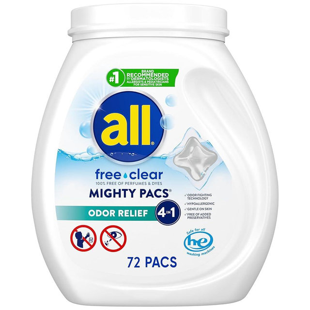 all Unit Dose Laundry Detergent, Mighty Pacs, Free Clear, Odor Relief, 72 Count