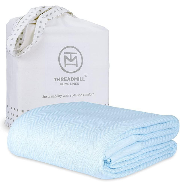 Threadmill Luxury Cotton Blankets for Queen Size Bed | All-Season 100% Cotton Queen Size Blanket | Herringbone Cozy Lightweight, Soft Breathable Fall Thermal Blanket fits Full Size Bed | Light Blue