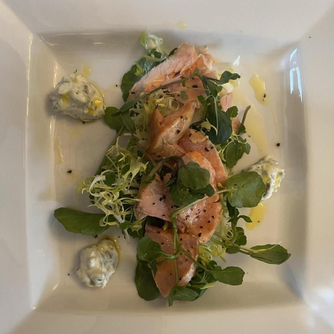 Starter: Oak smoked salmon salad with fennel and red onion, watercress and caper aioli
