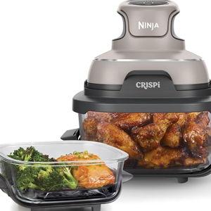 Ninja Crispi 4-in-1 Glass Air Fryer | With Non-Toxic 4QT & 6-Cup Glass Containers & Lids | Microwave, Freezer, Dishwasher Safe | 450°F Max Temp |1500 Watt | Stone | FN101ST