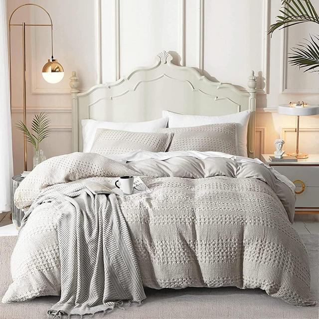 Ivellow Waffle Weave Duvet Cover Set 100% Cotton Duvet Cover Queen Textured khaki Duvet Cover Cozy Soft Breathable Queen Duvet Cover Skin-Friendly Luxury Comforter Cover Bedding Set All Season 90"x90"