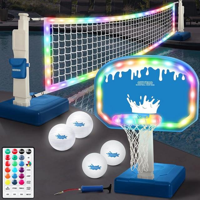 OHYEMO 2-in-1 LED Pool Volleyball & Basketball Game Set, Light Up Pool Sport Combo Set with 14in LED Rim/4 Glow Balls/2 Base/Pump, Inground Swimming Pool Toy Game for Adults & Family