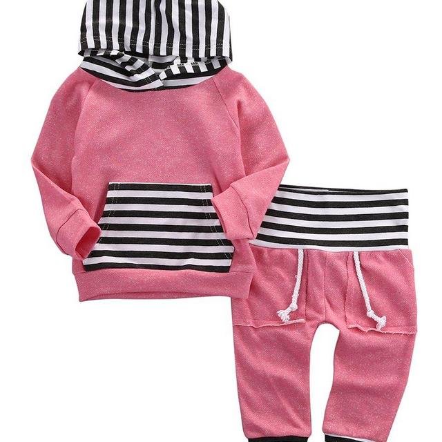 Newborn Baby Boy Girl Warm Striped Hoodie T-shirt Pants Outfit Set Kids Clothes