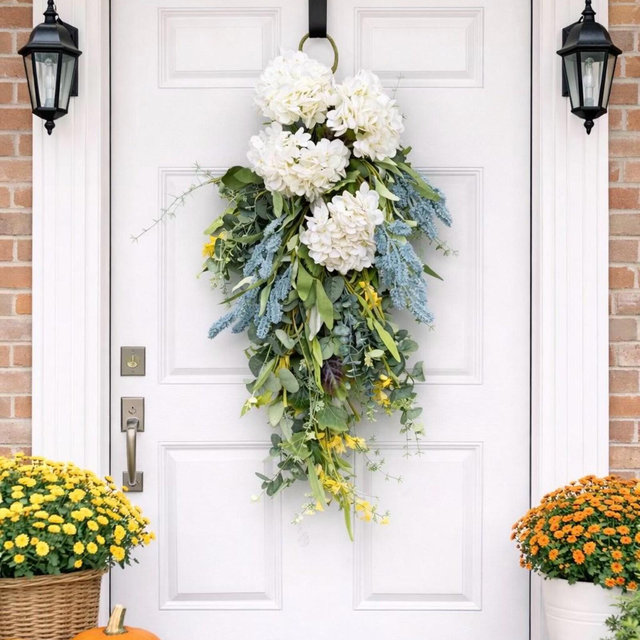 White Floral Teardrop Swag, Farmhouse Greenery Door Decor, Spring Summer Entryway Hanging