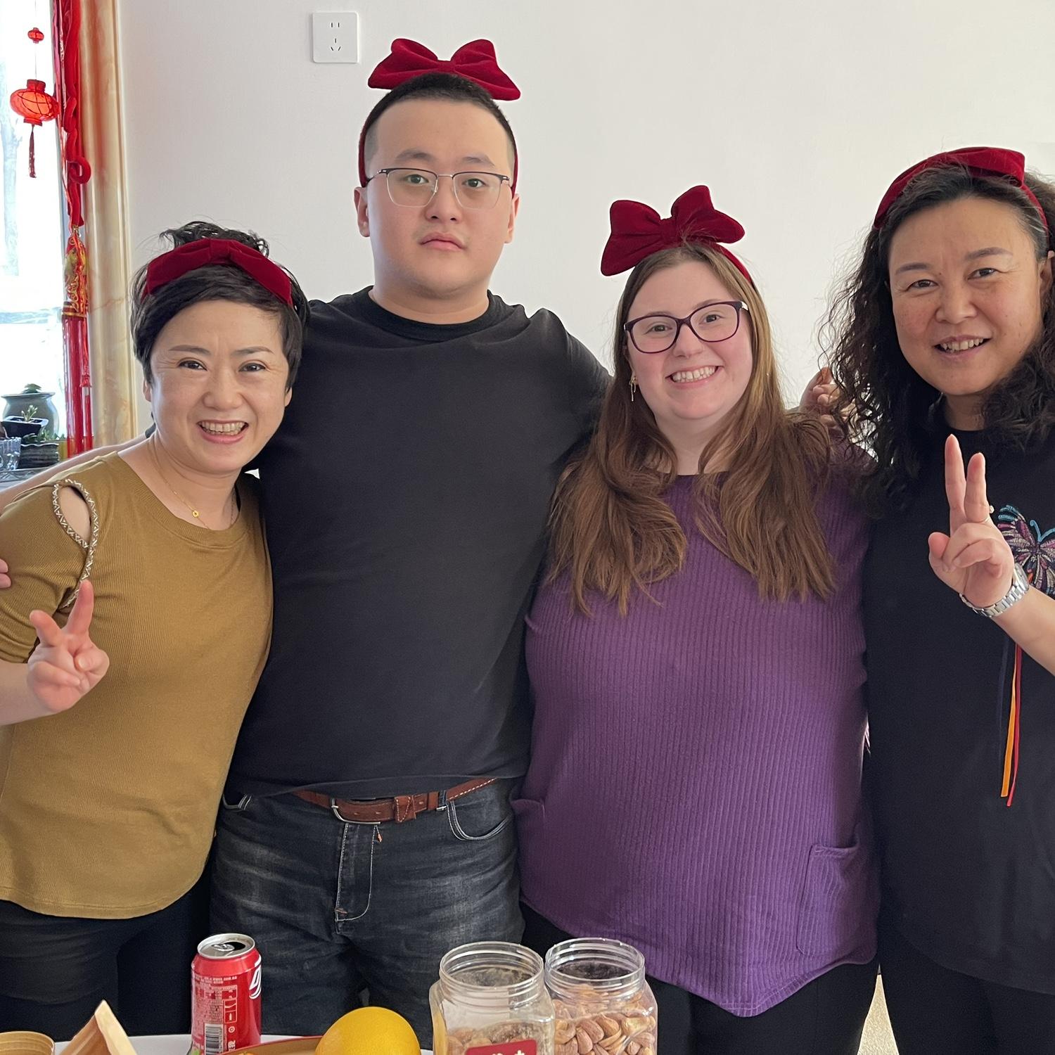 妈妈 Mama (Haonan’s mom), Haonan, Allison, and 大姑 Dagu (Haonan’s father’s older sister / Haonan’s aunt). Celebrating the first day of Lunar New Year 2024 festivities.