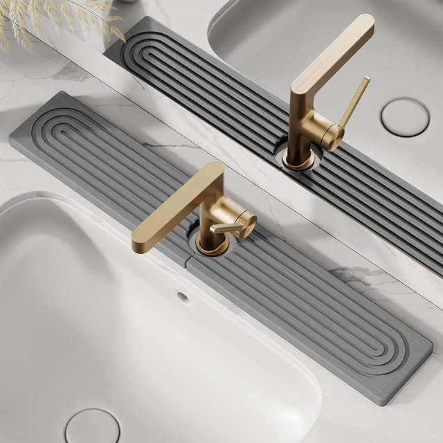 23.6'' Long Stone Faucet Mat for Kitchen Sink-Diatomite Quick Dry Kitchen Sink Splash Guard,Super Absorbent,Drying Stone Sink Tray,Sink Stone Quick Dry Around Faucet For Bathroom Counter (Dark Gray)