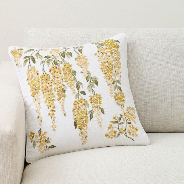 Wisteria Floral Embroidered Pillow Cover, Yellow Multi, 18"