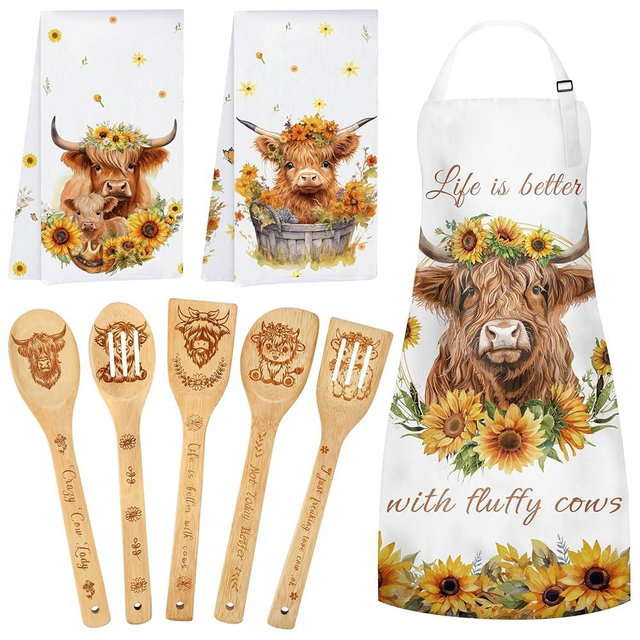 8 Pcs Cow Gifts for Women Highland Cow Print Kitchen Decor Cooking Utensils Set Include Bamboo Wooden Spoons Apron & Kitchen Towels Christmas Housewarming Gifts for Cow Lovers Women Mom