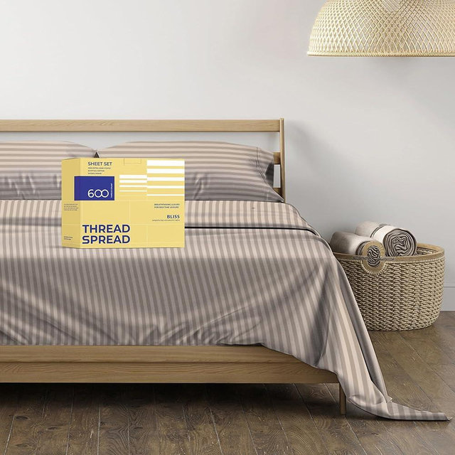 THREAD SPREAD Luxury Egyptian Cotton King Stripe Sheet Set, 600 Thread Count Extra Long Staple 4 PC Set, King Damask Sheets, Soft, Cooling Sateen Weave Striped Sheets Upto 18" Deep Pocket - Taupe