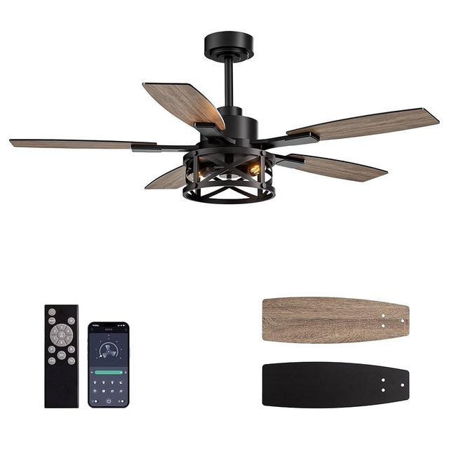 52 Inch Ceiling Fans with Lights and Remote & APP Control, Farmhouse Ceiling Fan with LED Lighting for Bedroom Living Room and Patio, Black Caged Ceiling Fan for Indoor and Outdoor(NO BULB）
