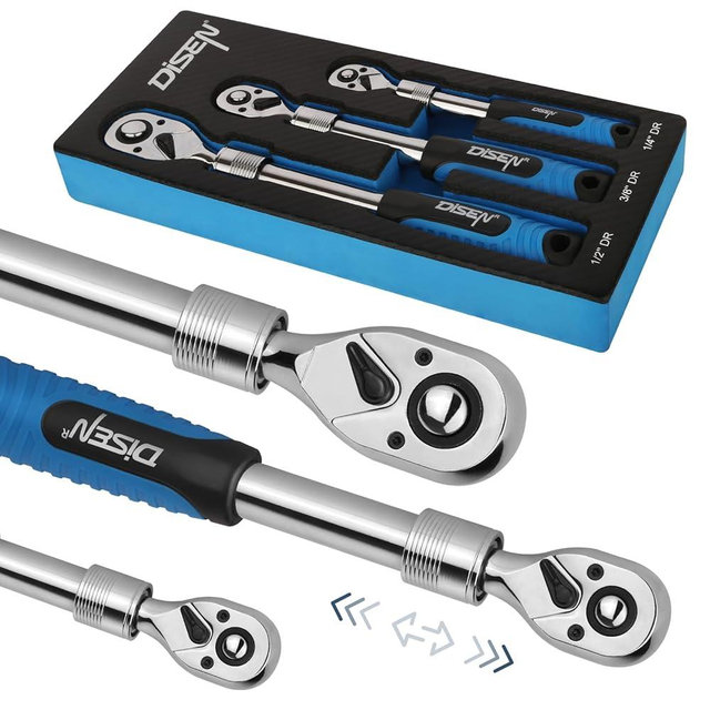 DISEN 3PCS Extendable Ratchet Wrench Set,1/4" 3/8" 1/2" Drive 72-Tooth, Quick-Release, Reversible Drive Socket Wrenches,Soft Grip Handle with Storage Tray