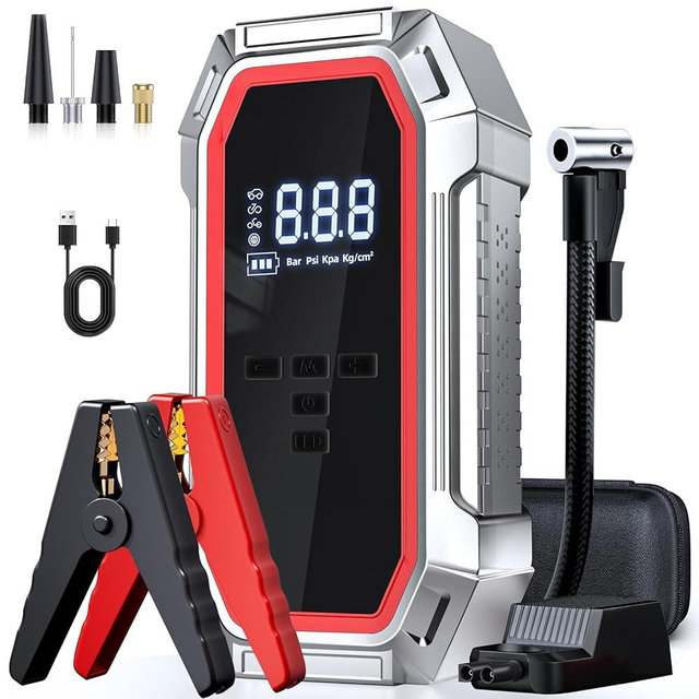 Jump Starter with Air Compressor, 5000A Peak Car Battery Jump Starter(9.0 Gas/8.0L Diesel), 160PSI 12V Jump Box Car Battery Jumper Starter Portable with Jumper Cables, LED Lights, LCD Display