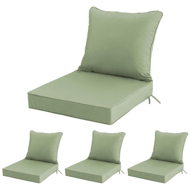 24x24 Inch Outdoor Chair Cushions Set of 4, Patio Furniture Cushions - Removable Cover, Water-Repellent, Fade-Resistant, Non-Slip Bottom & Straps, Replacement for Deep Seat Sofa & Couch - Sage Green