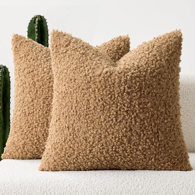 Woaboy Faux Fur Throw Pillow Covers 20x20 Inch Set of 2 Boucle Neutral Decorative Sherpa Fuzzy Accent Soft Sheepskin Fleece Cushions Modern Home Decor for Couch Sofa Bedroom Living Room,Light Brown