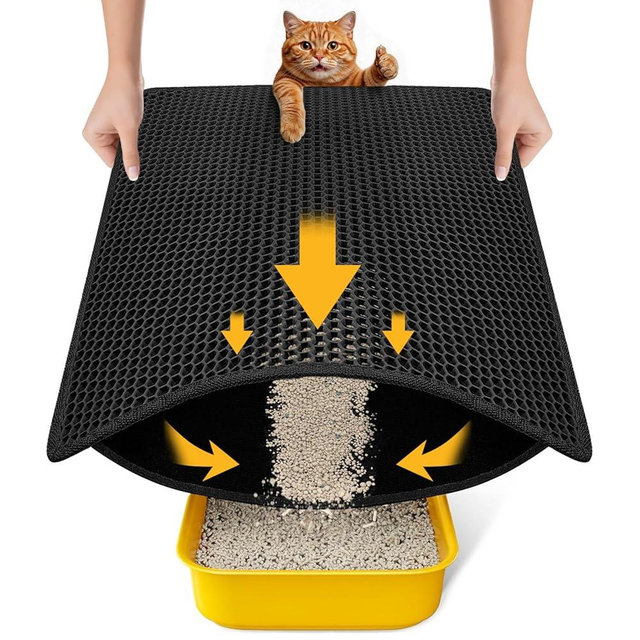 Cat Litter Mat Compact Size 23.6"x14.6" for Small Spaces, Upgrade Waterproof Leakproof Back Layer, Honeycomb Trapping Mat, Washable, Easy to Clean, Scatter Control Kitty Litter Matt, Black