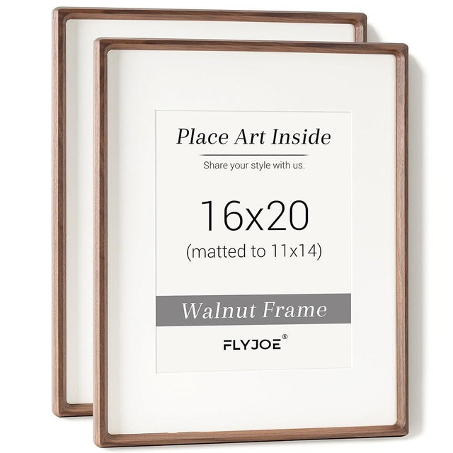16 x 20 Picture Frame Set of 2, USA-Sourced Walnut Wood Photo Frame with Tempered Glass, Handcrafted Rounded Corner 16x20 Wooden Frame Matted to 11x14 Photos, Horizontal or Vertical Wall Mounting