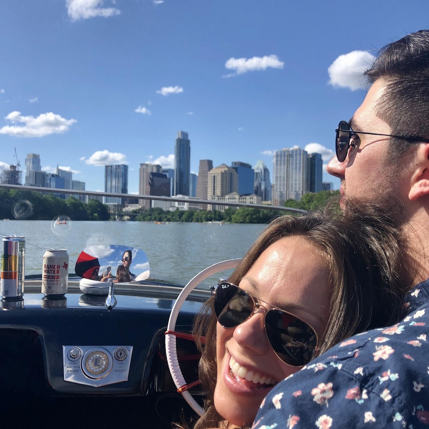 Enjoying cruising on Town Lake in a vintage boat 🍾