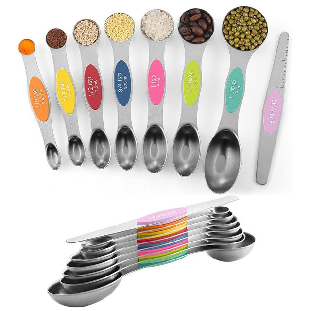 ChefAide Pack of 8 Stainless Steel Magnetic Measuring Spoons Set, Dual Sided, Stackable, Adjustable Teaspoon and Tablespoon Measure Spoon with Leveler, Kitchen Gadgets