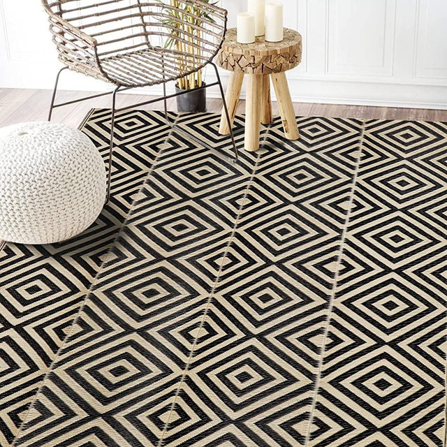 Ridota Reversible Mats, Outdoor Patio Rugs, Plastic Straw Rug, Modern Area Rug, Floor Mat for Outdoors, RV, Patio, Backyard, Deck, Picnic, Beach, Trailer, Camping (Diamond Black & Beige, 5' x 8')