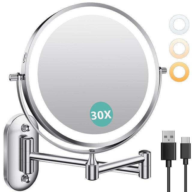 Auxmir 1X/30X Wall Mounted Makeup Mirror with Light, 8" Rechargeable Double-Sided Magnifying Mirror, Vanity Mirror Dimmable 3 Color Light, 360° Extension Rotation Foldable 14.5 Inch Arm, Chrome