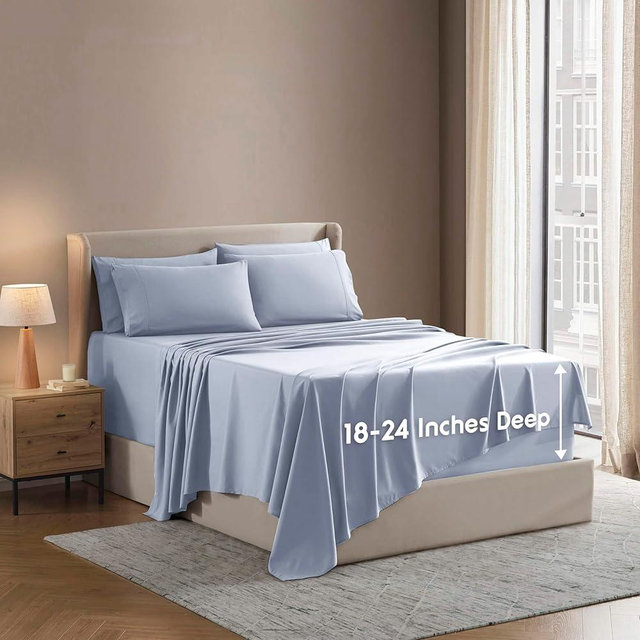 Nestl Extra Deep Cal King Sheet Set - 6 Piece Breathable & Cooling Sheets - Hotel Luxury Bedding Set w/18-24 Inch Deep Pockets - Easy & Secure Fit - Super Soft, Wrinkle Free & Comfy - Ice Blue