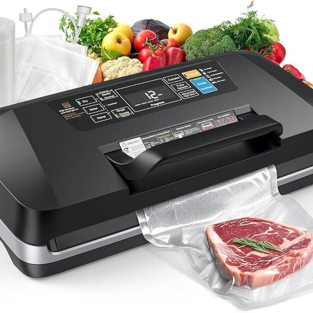 95kpa Vacuum Sealer Machine,Commercial Full Automatic Food Sealer,Powerful Sealing System with Double Heat Seal,Built-in Cutter&Bags Storage,1 Bag Rolls and 10 pcs Pre-cut Bags