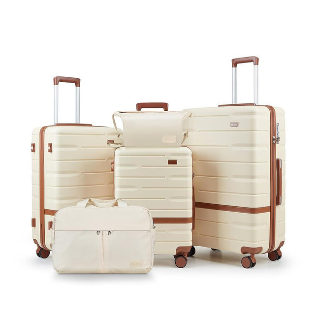NEISIA Luggage Sets 5 Piece Luggage Sets Lightweight Hard Shell Suitcases with Spinner Wheels for Family Travel - Durable PC+ABS Material Carry On Luggage (Beige)