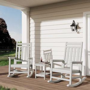 Poly Lumber Rocking Chair Outdoor Set of 2 with Side Table - HDPE High Back Porch Rocker Chairs for Adults - All Weather Resistant Furniture for Patio Front Porch - White
