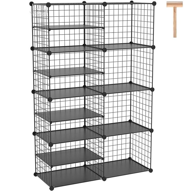 C&AHOME Wire Cube Storage Unit, Interlocking Metal Wire Organizer with Divider Design, Modular Cabinet with Plastic Panels, Bookshelf Stackable Closet Organizer with Small Hooks, Black UWCSIM08B