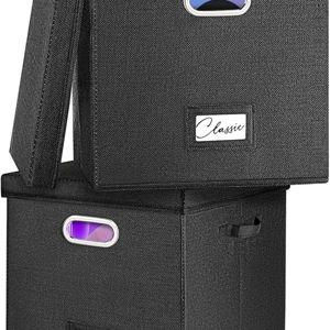 Vinyl Record Storage Box Set of 2 - for 100+ Single LPs (12-Inch), Stackable Albums Linen Crate with Lid, Play Music Collection Holder, Document File Folder Cabinet Organizer Case with Handle