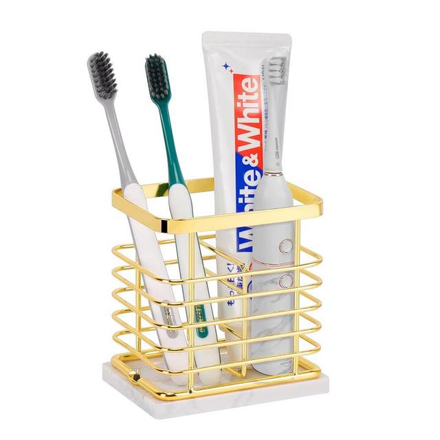 HarJue Electric Toothbrush Holder Stand for Bathroom, Luxurious Metal Toothbrush Toothpaste Holder, 2 Slots Openwork Design with Marble Base, Bathroom Accessory for Storage and Organizer (Gold)