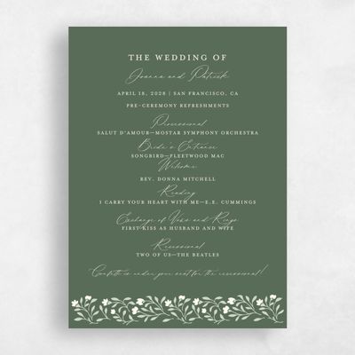 Grayed Hunter, Green Wedding Program - Sabine