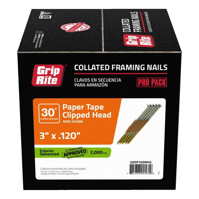 Grip-Rite 30-Degree Framing Nails - Exterior Galvanized - Clipped Head - Paper Collated Nails for Exterior Framing - 3" x .120" - 2M Box (2000 Count) - GRSP10DRHG