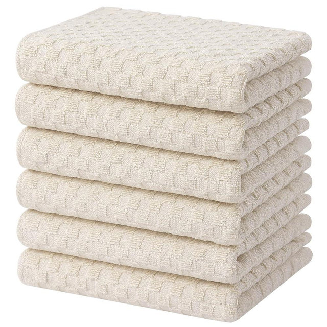 Homaxy 100% Cotton Terry Kitchen Towels(15" x 25", 6 Pack), Soft and Super Absorbent Dish Towels, 380 GSM Reusable Tea Towel with Hanging Loop, Pineapple Grid Designed, Beige