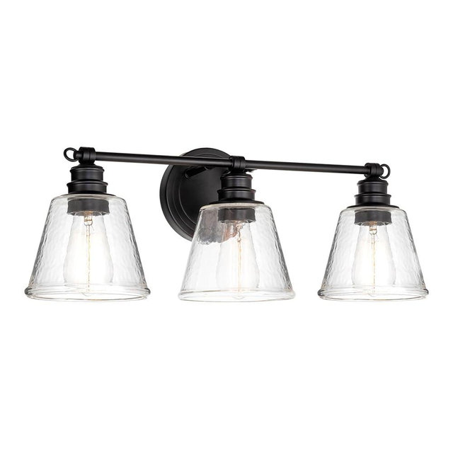 Kira Home Adair 23" 3-Light Modern Farmhouse Vanity/Bathroom Light + Conic Hammered Glass Shades, Black Finish